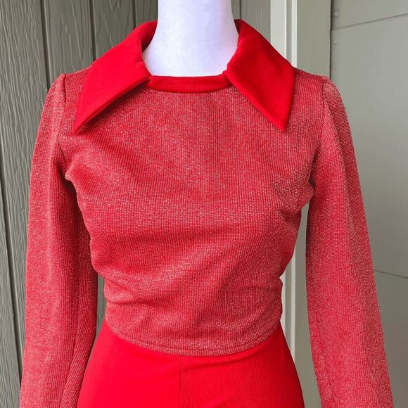 Vintage 1970s Red Glitter Knit Maxi Dress Dramatic Collar Disco XS/S - Picture 5 of 9
